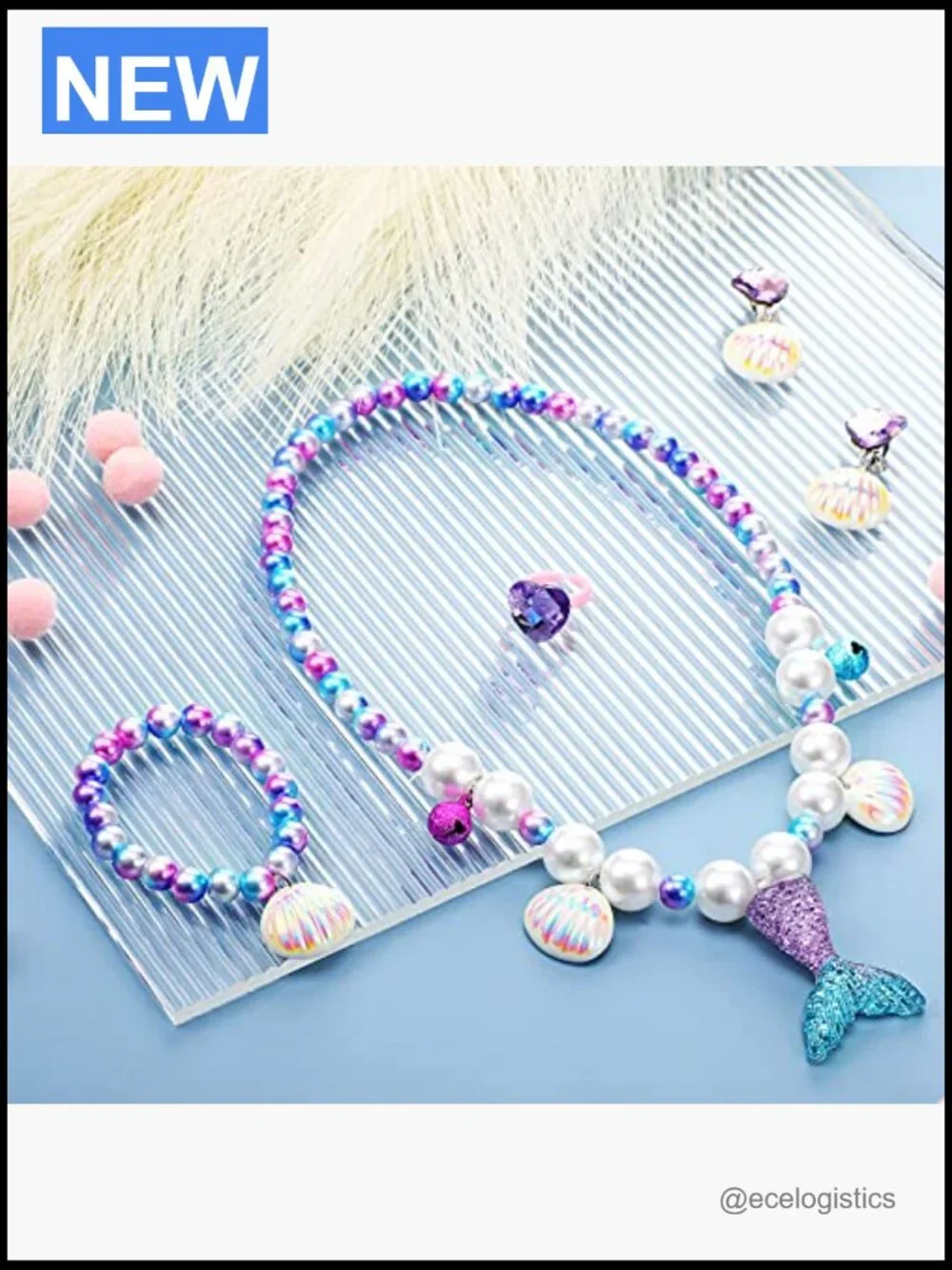 Mermaid Jewelry Set for Girls - Shell Necklace Bracelet Ring Earrings, Dress Up